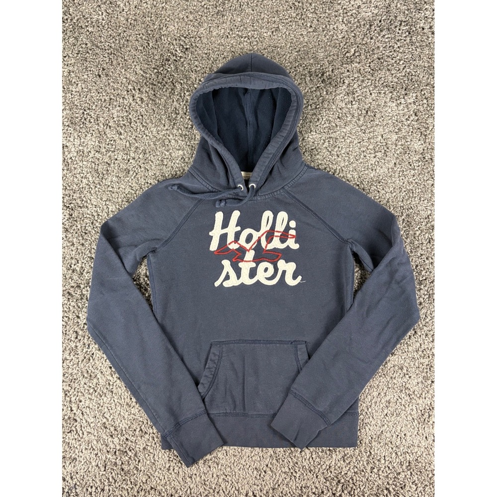 Y2K Hollister Womens Navy Blue Logo Graphic Pullover Hoodie Sweatshirt Size M